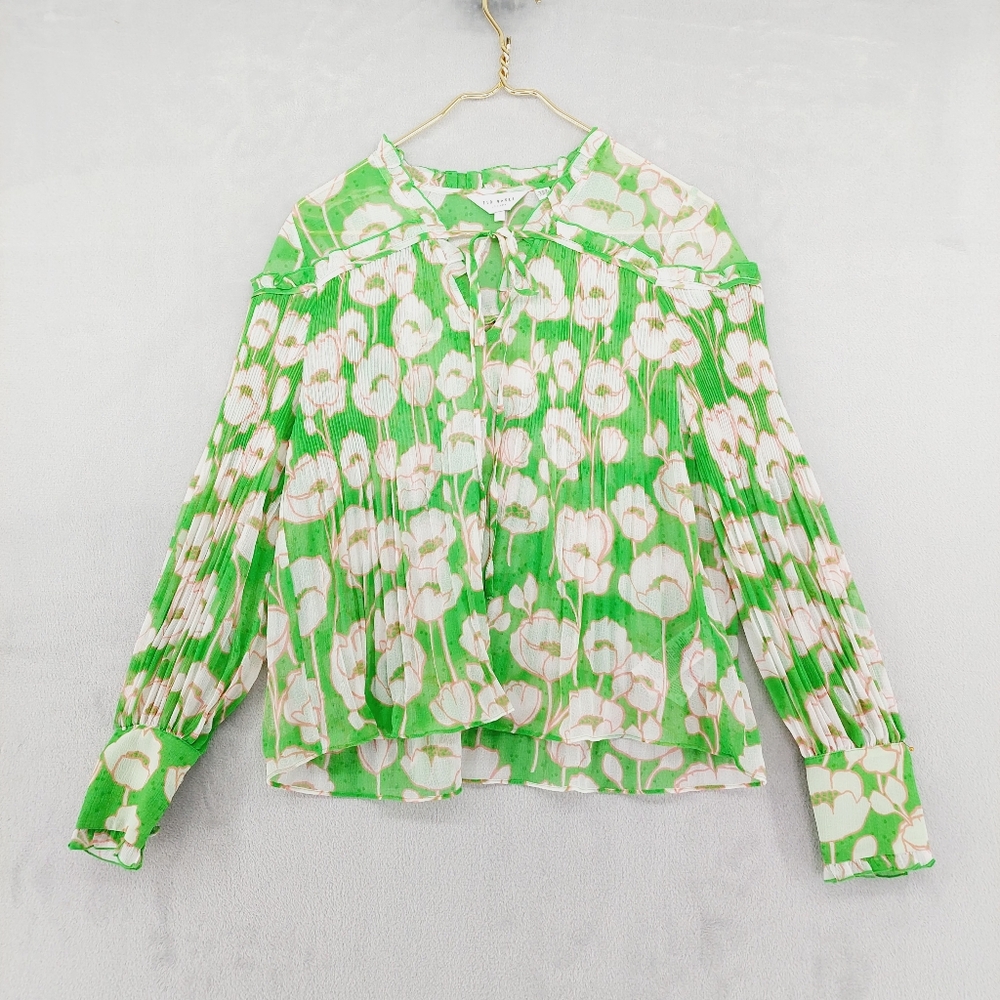 NWT Ted Baker Ellerie Green Floral-Print Ruffle Blouse P6033 - Picture 2 of 8